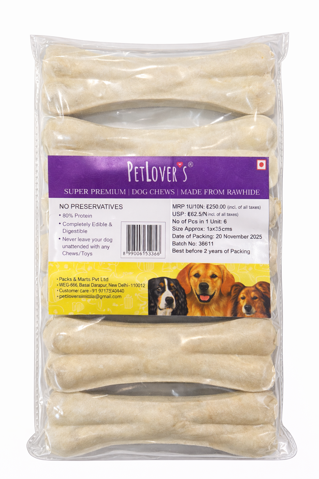 PetLover's Rawhide Dog Chews - 6 Pieces (Approx. 8 cm)