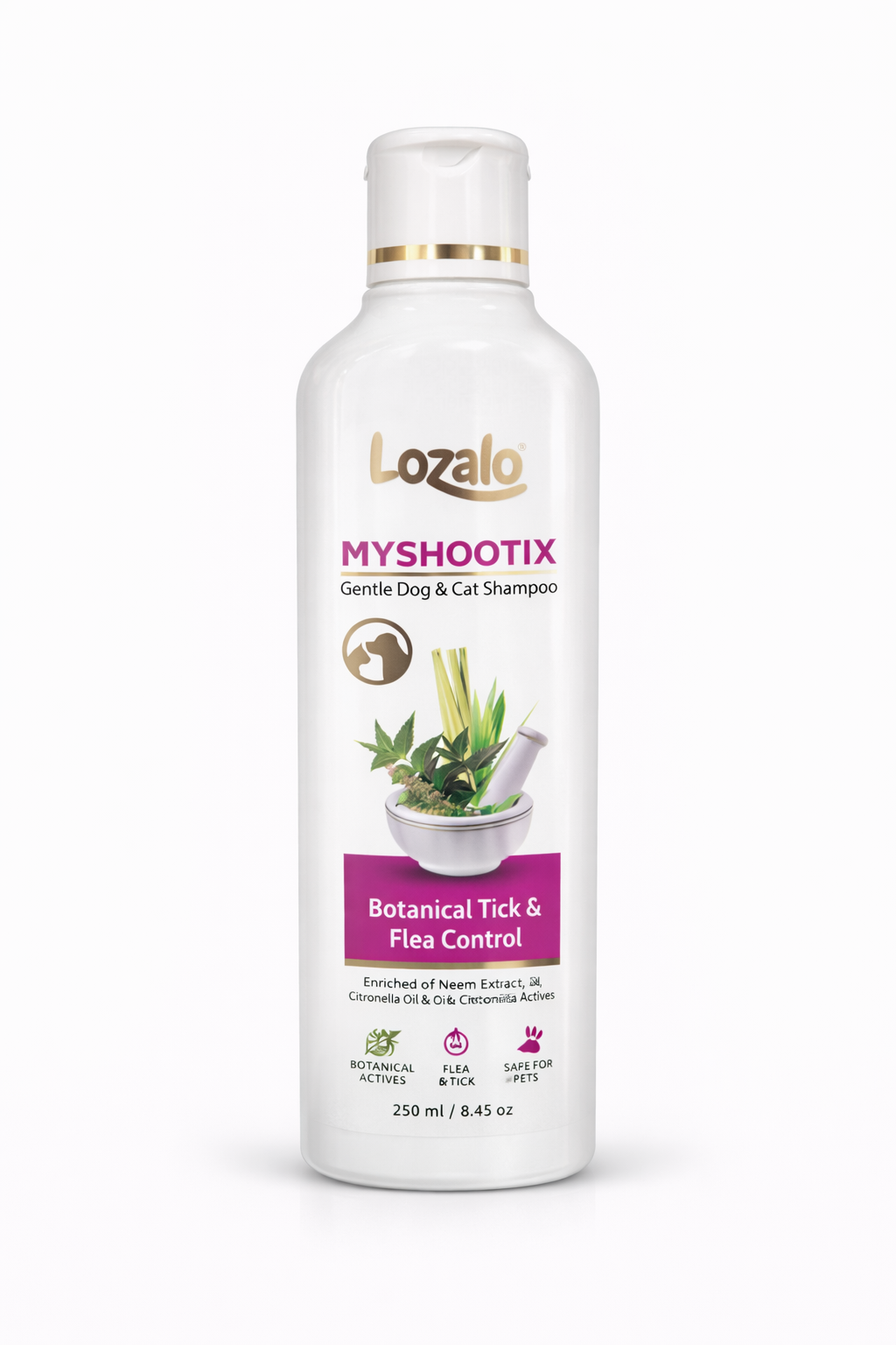 Lozalo MyShootix Gentle Dog & Cat Shampoo – Neem, Lemongrass & Citronella (Botanical Tick & Flea Control)