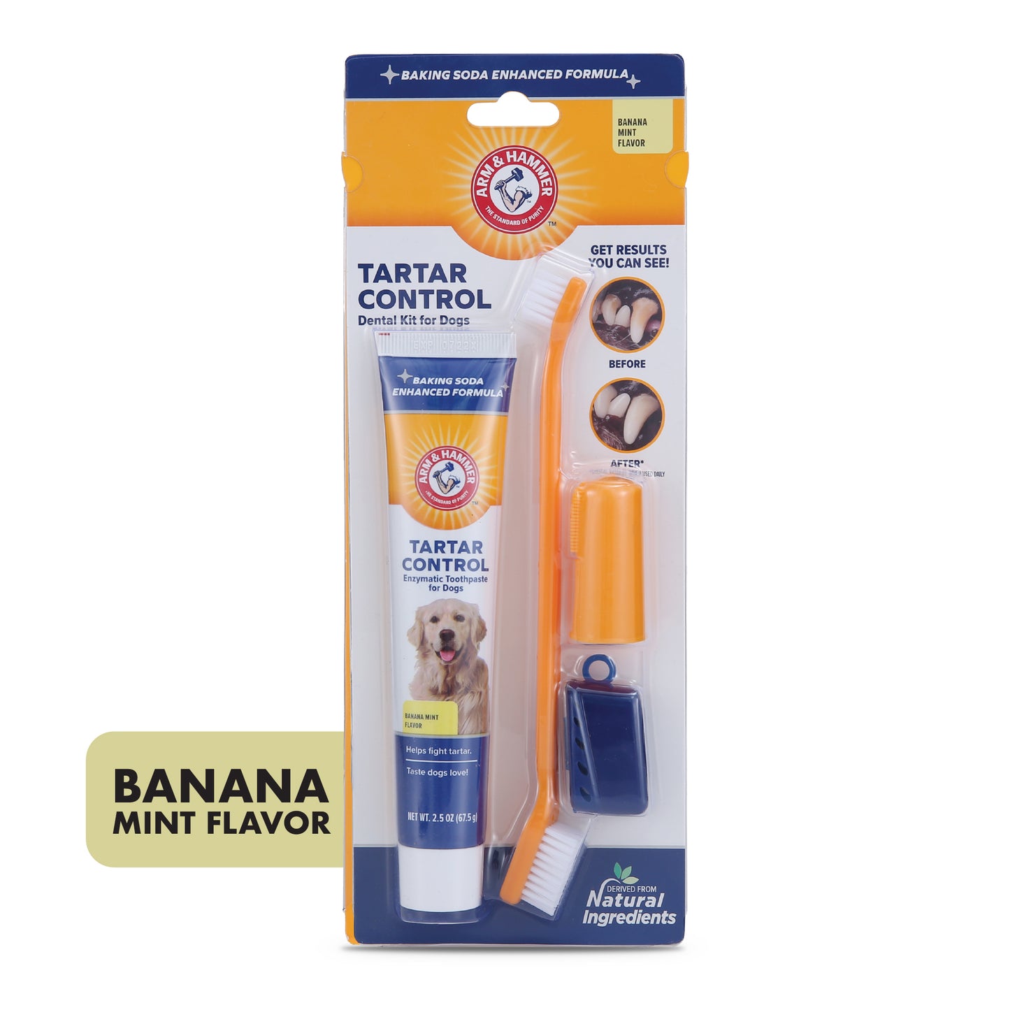 Arm & Hammer Tartar Control Dental Care Kit for Dogs - Banana Flavor (Toothpaste + Toothbrush + Finger Brush)